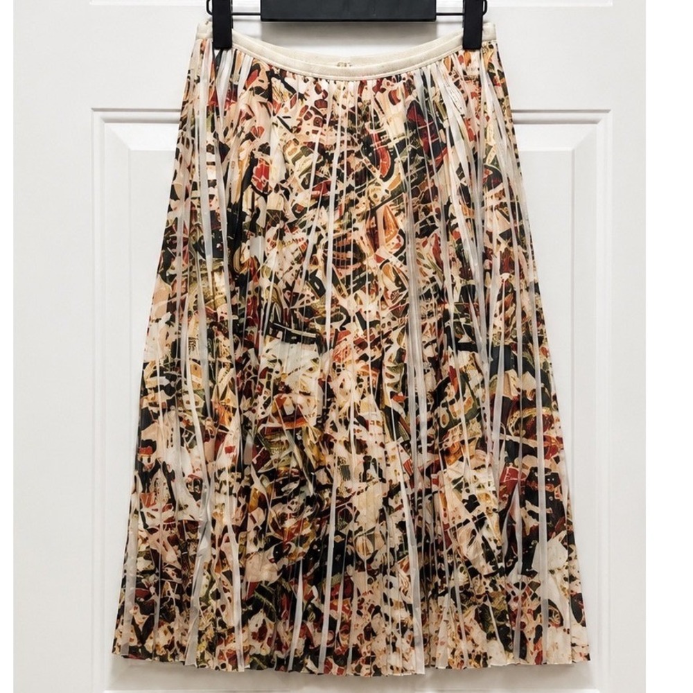 Lapis Pleated Midi Skirt Medium Abstract Floral Boho Elastic Art Waist Beige